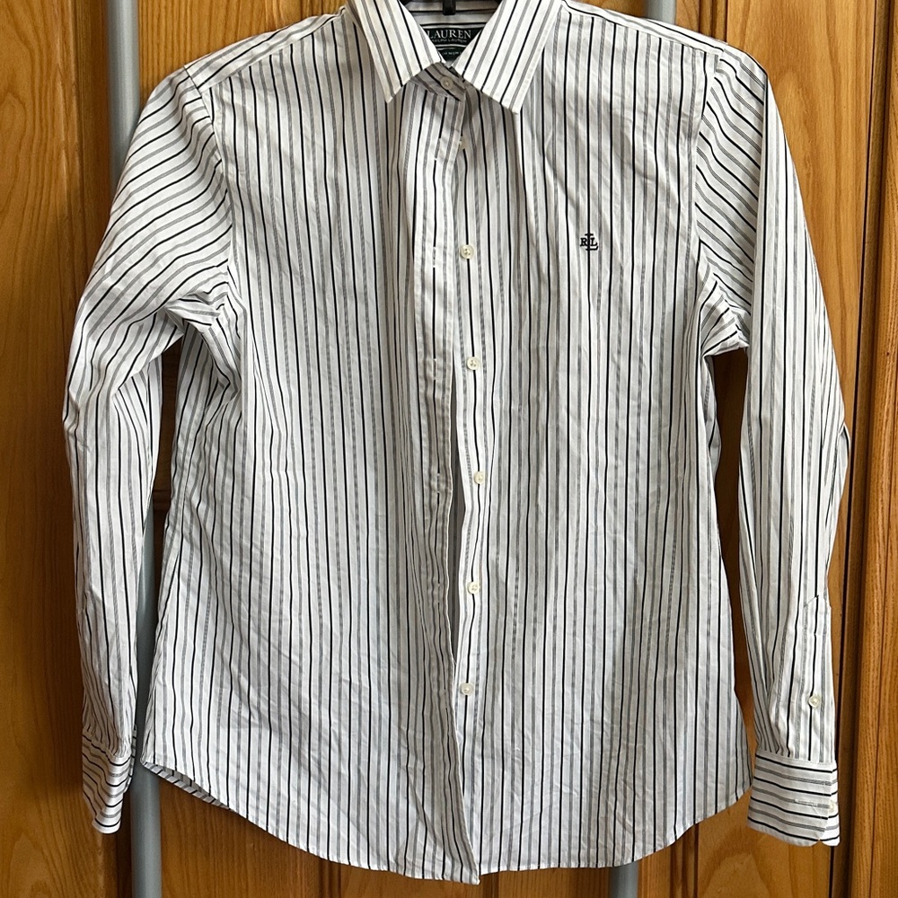 Lauren Ralph Lauren Green and White Striped Button Down Shirt